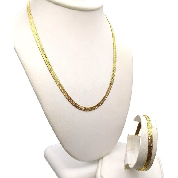 Gold Tone Reversible Herringbone Chain Necklace and Bracelet Set, Flat or Etched - Picture 1 of 4